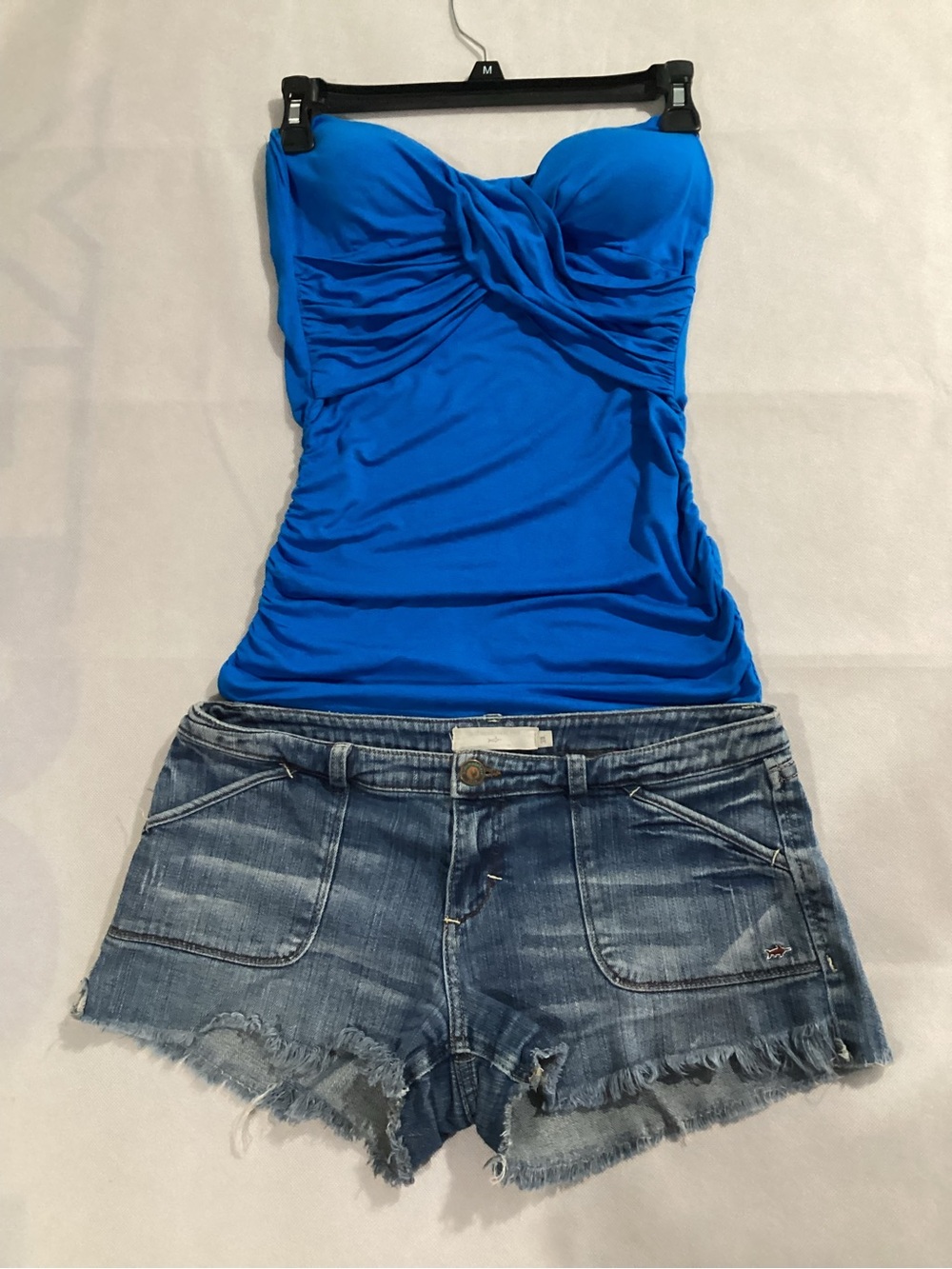 Blue sketch Strapless Ruched Tank Top in Electric Blue size M w/padding 7/16